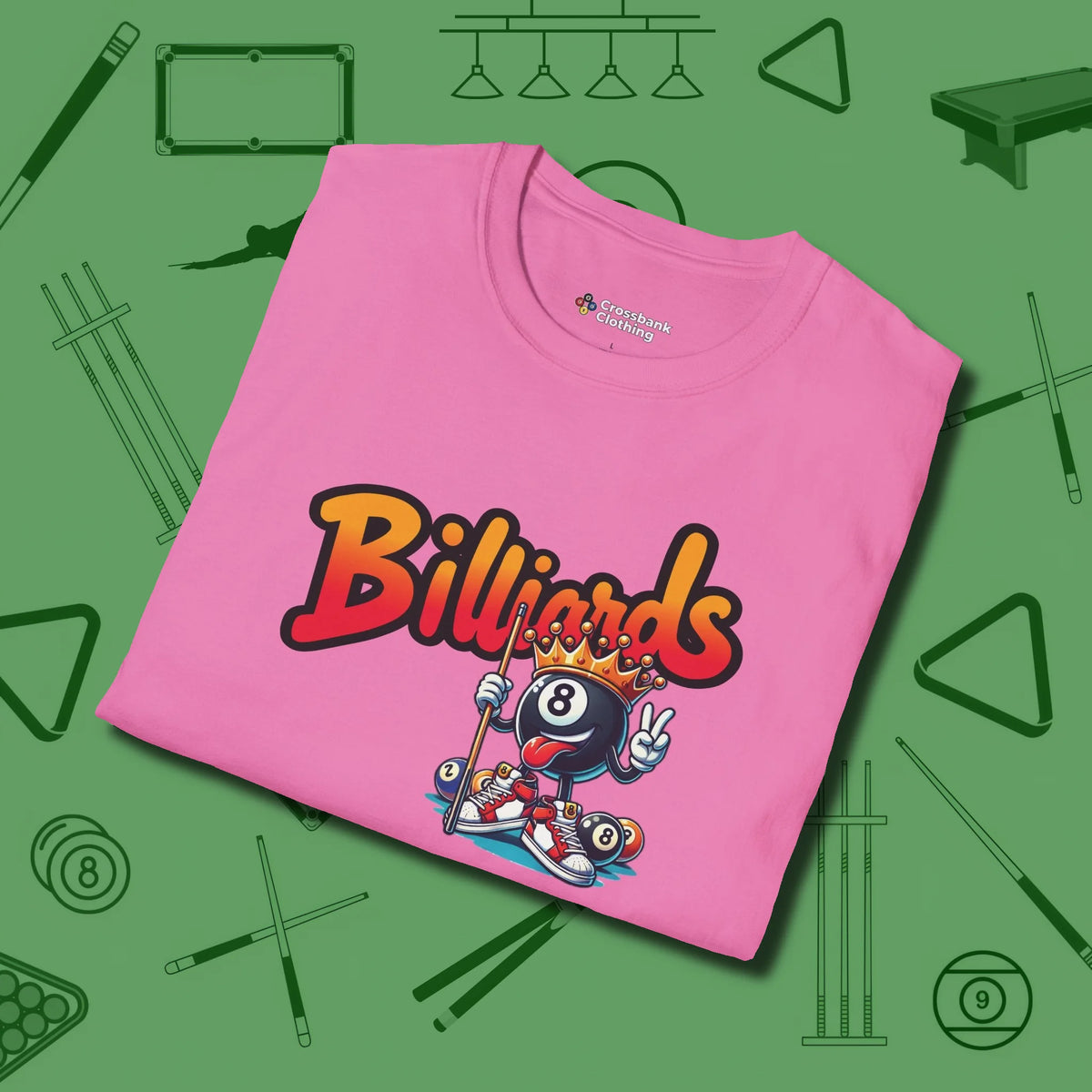 Graffiti Billiards T-Shirt, folded view, in Azalea clean lines for dirty minds