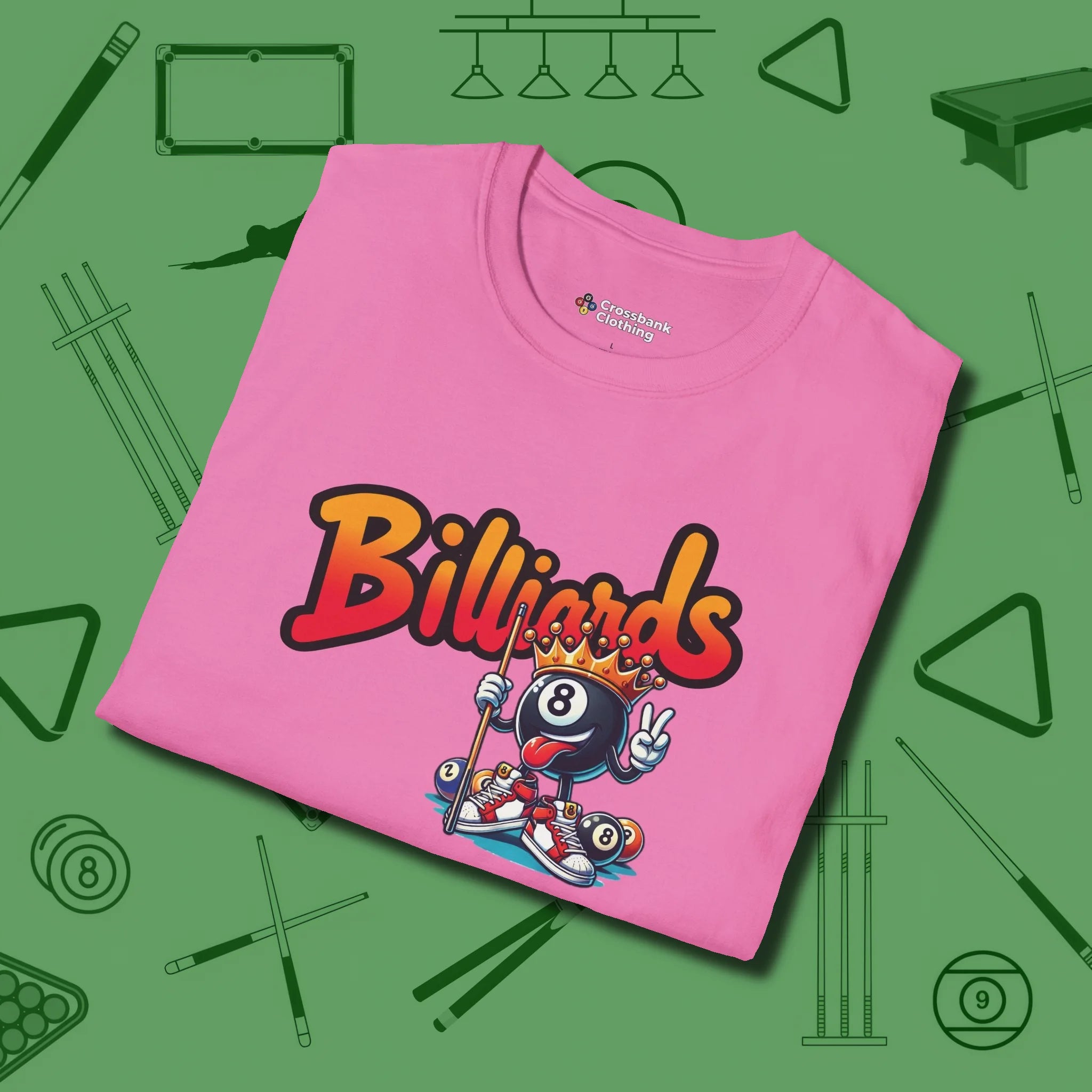 Graffiti Billiards T-Shirt, folded view, in Azalea clean lines for dirty minds