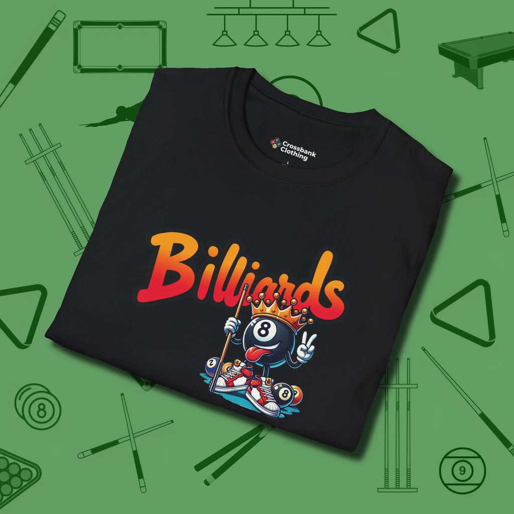 Graffiti Billiards T-Shirt, folded view, in Black where cue control meets personal style