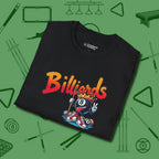 Graffiti Billiards T-Shirt, folded view, in Black where cue control meets personal style
