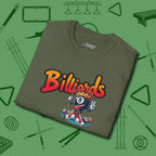 Graffiti Billiards T-Shirt, folded view, in Military Green smart apparel for strategic players