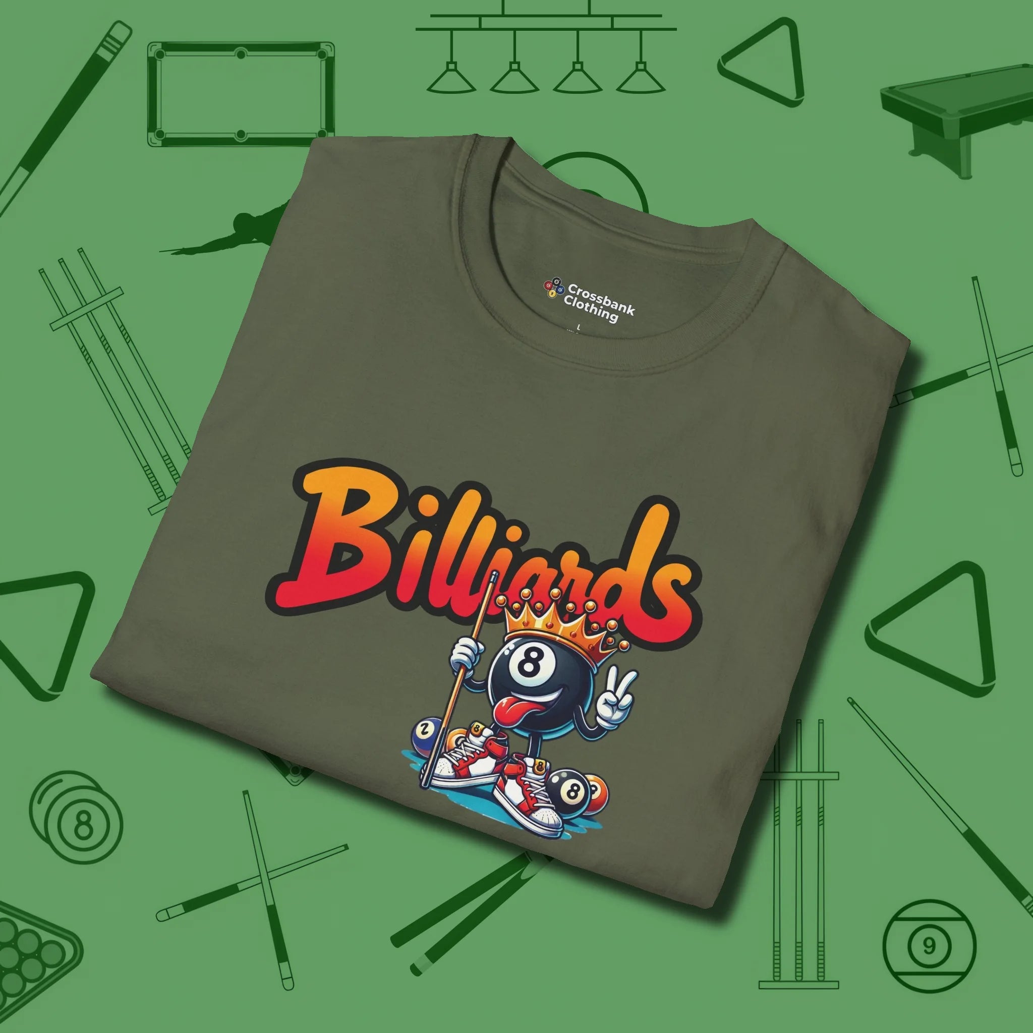 Graffiti Billiards T-Shirt, folded view, in Military Green smart apparel for strategic players