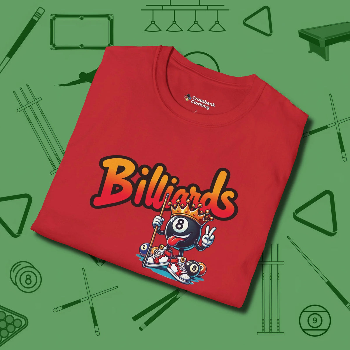 Graffiti Billiards T-Shirt, folded view, in Red like your stroke — smooth and deliberate