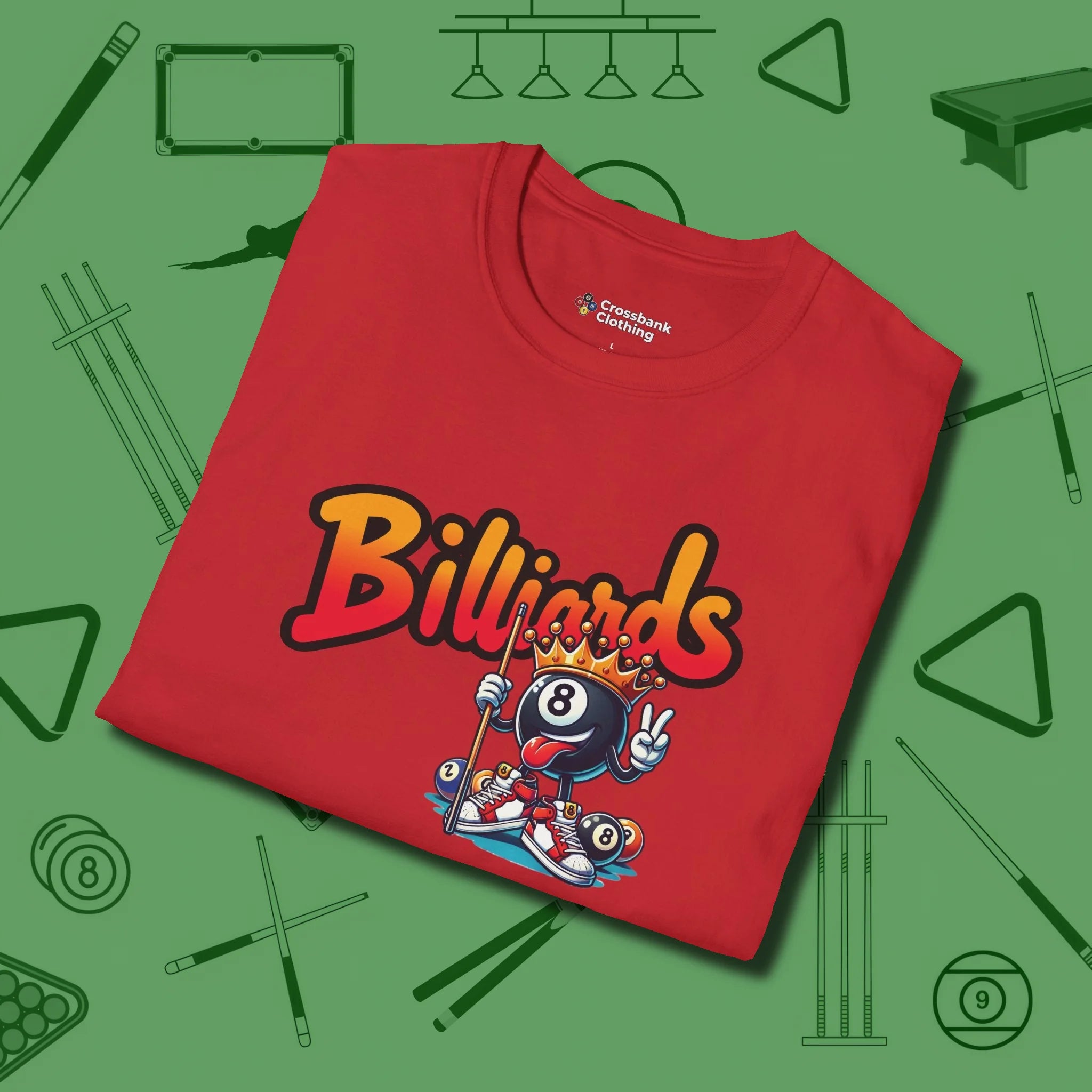 Graffiti Billiards T-Shirt, folded view, in Red like your stroke — smooth and deliberate