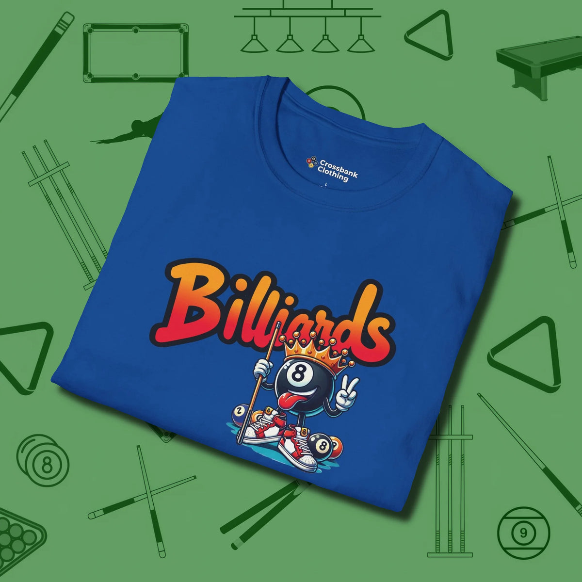 Graffiti Billiards T-Shirt, folded view, in Royal your go-to shirt for league night victories