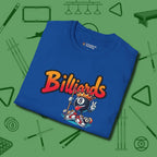 Graffiti Billiards T-Shirt, folded view, in Royal your go-to shirt for league night victories