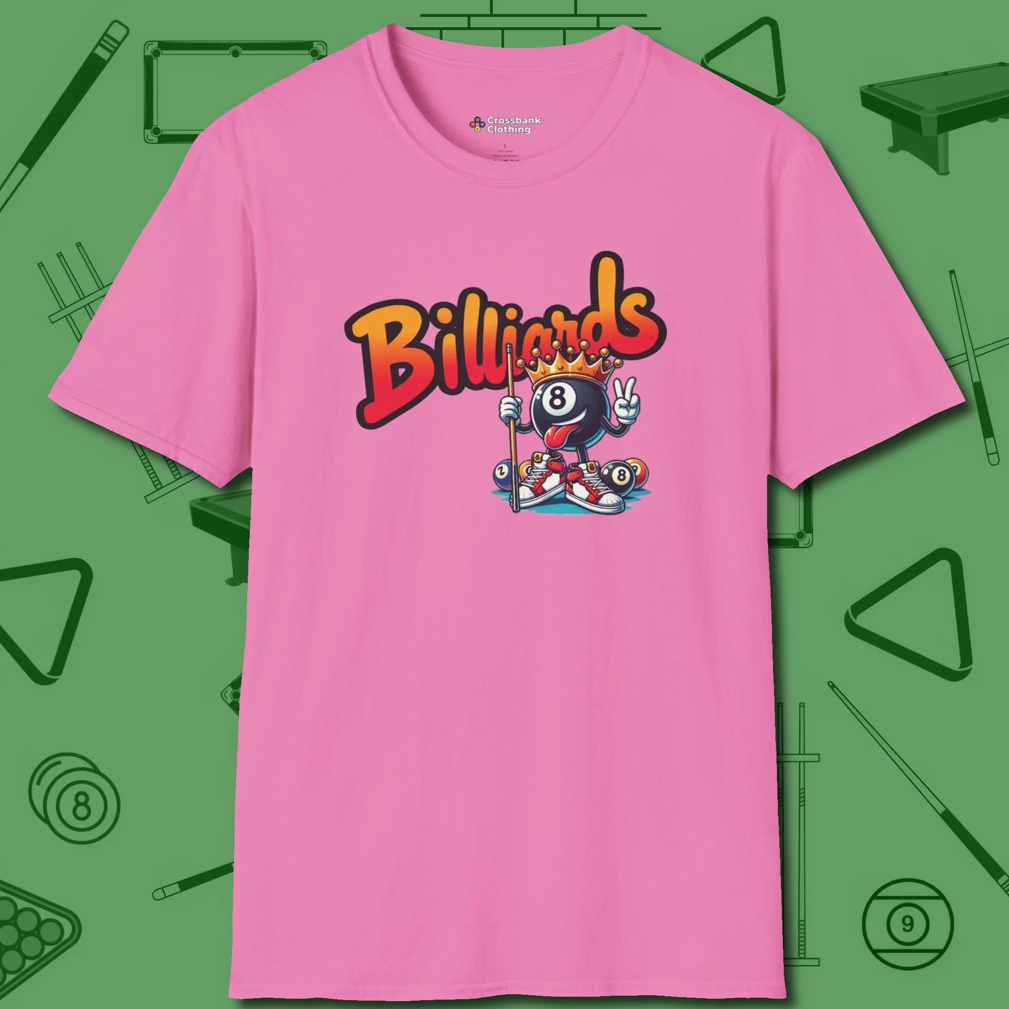 Graffiti Billiards T-Shirt, front view, in Azalea make every shot — and outfit — count
