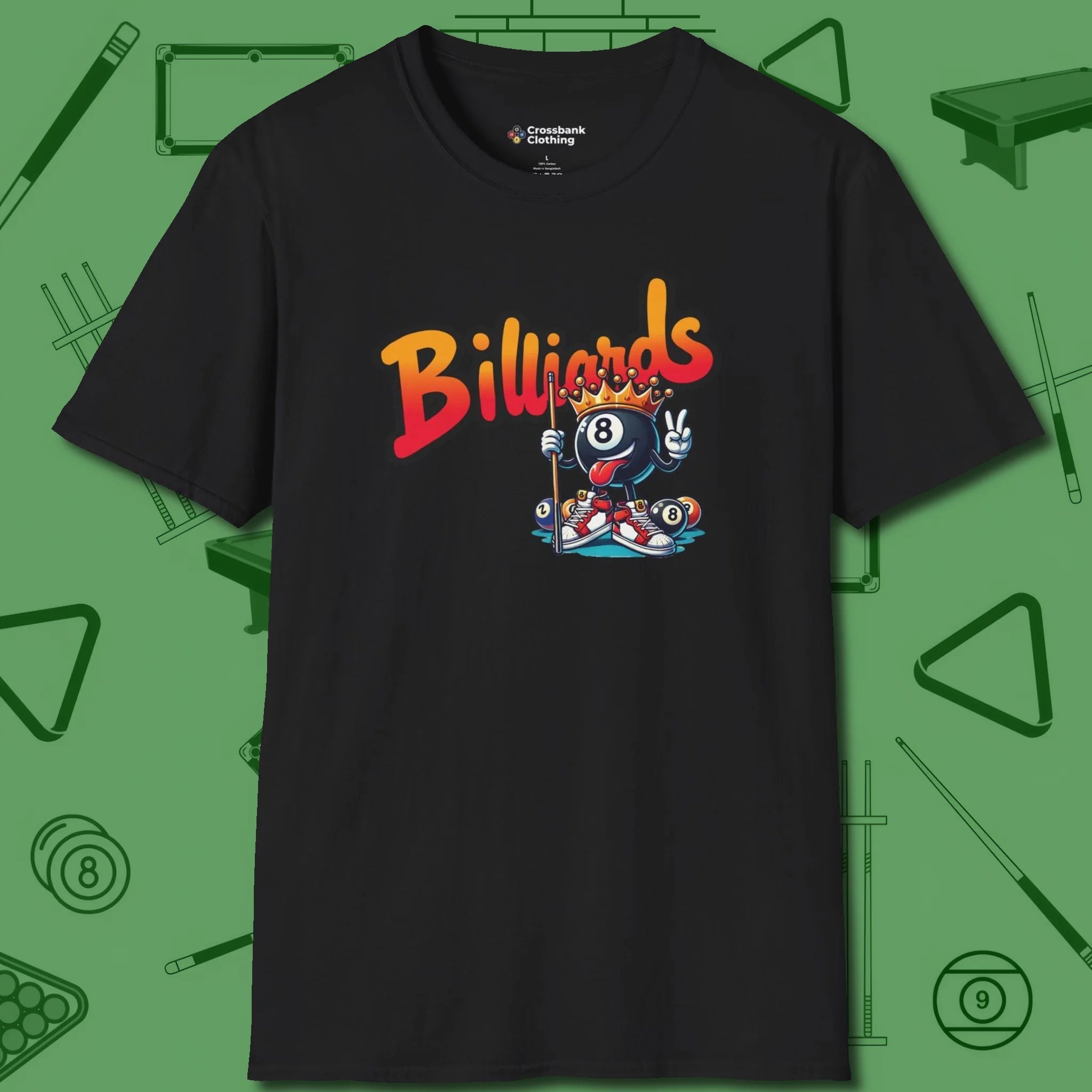 Graffiti Billiards T-Shirt, front view, in Black a clean fit for the dirtiest safeties