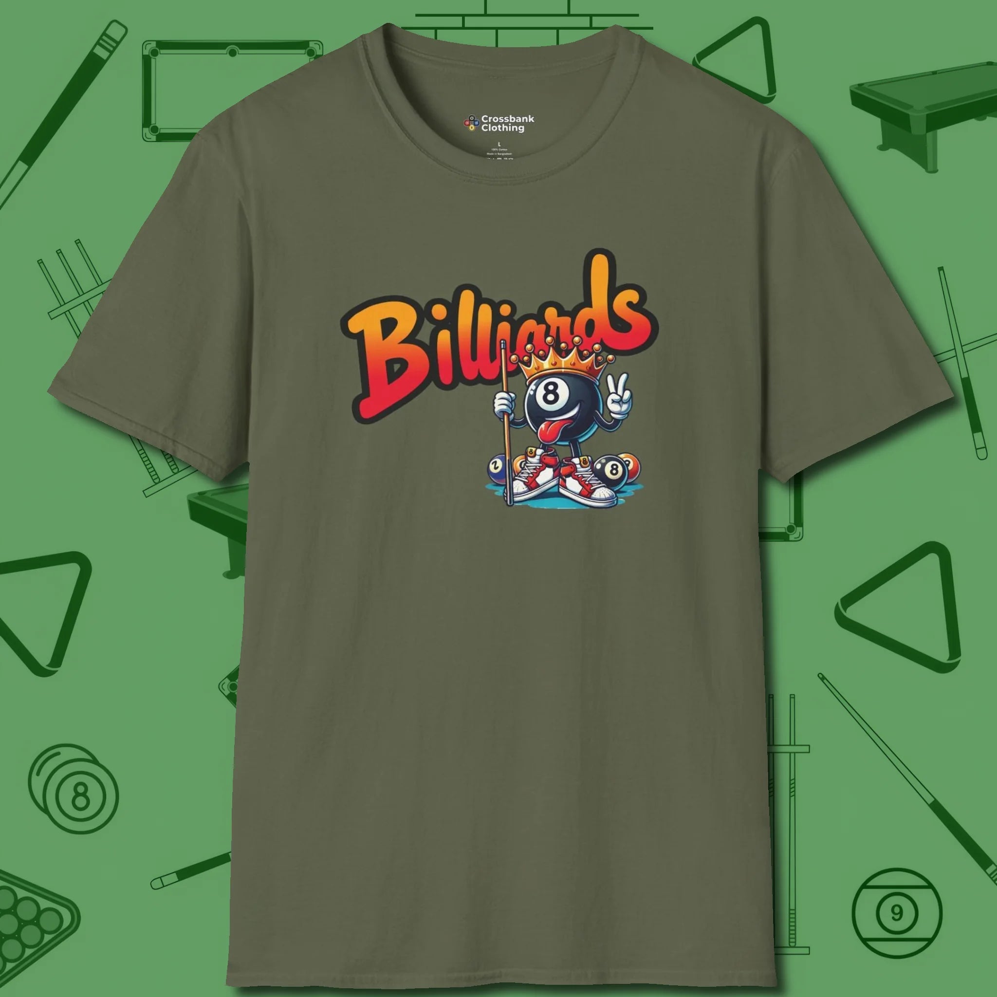 Graffiti Billiards T-Shirt, front view, in Military Green confidence stitched in every seam
