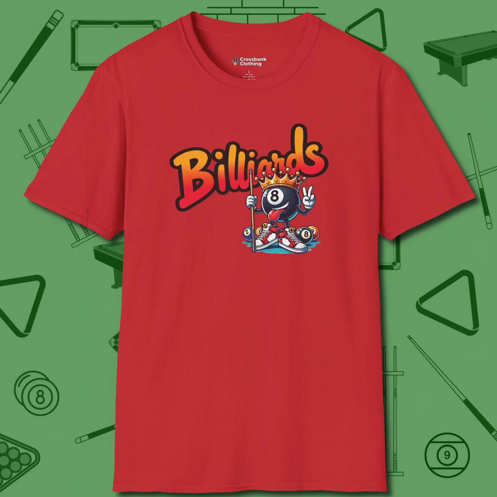 Graffiti Billiards T-Shirt, front view, in Red built for bold breaks and quiet confidence