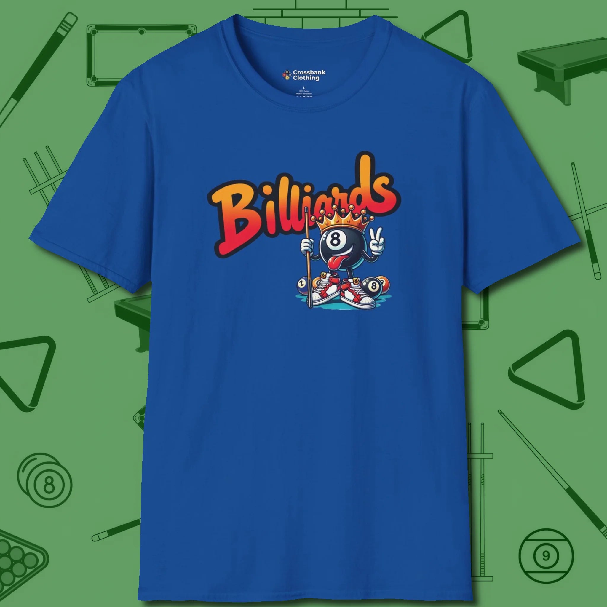 Graffiti Billiards T-Shirt, front view, in Royal from chalk to clutch, look the part