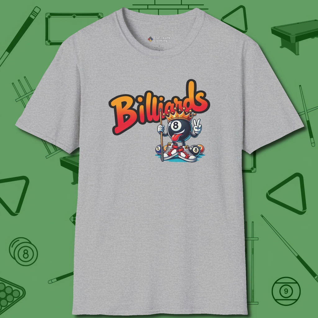 Graffiti Billiards T-Shirt, front view, in Sport Grey smart enough for the felt and the street