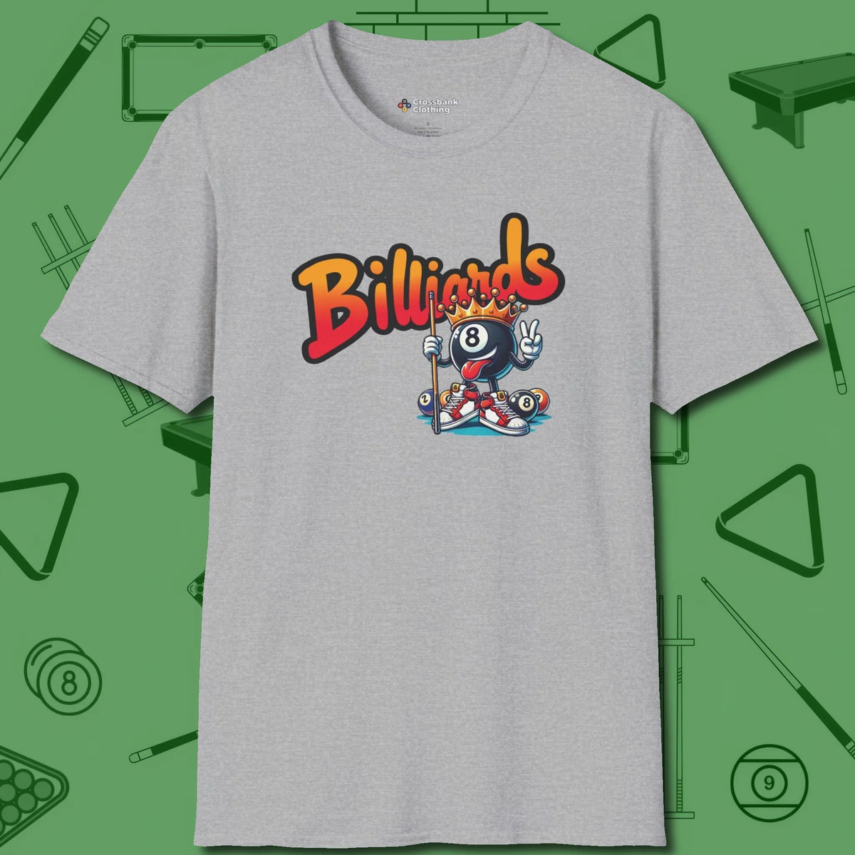Graffiti Billiards T-Shirt, front view, in Sport Grey smart enough for the felt and the street