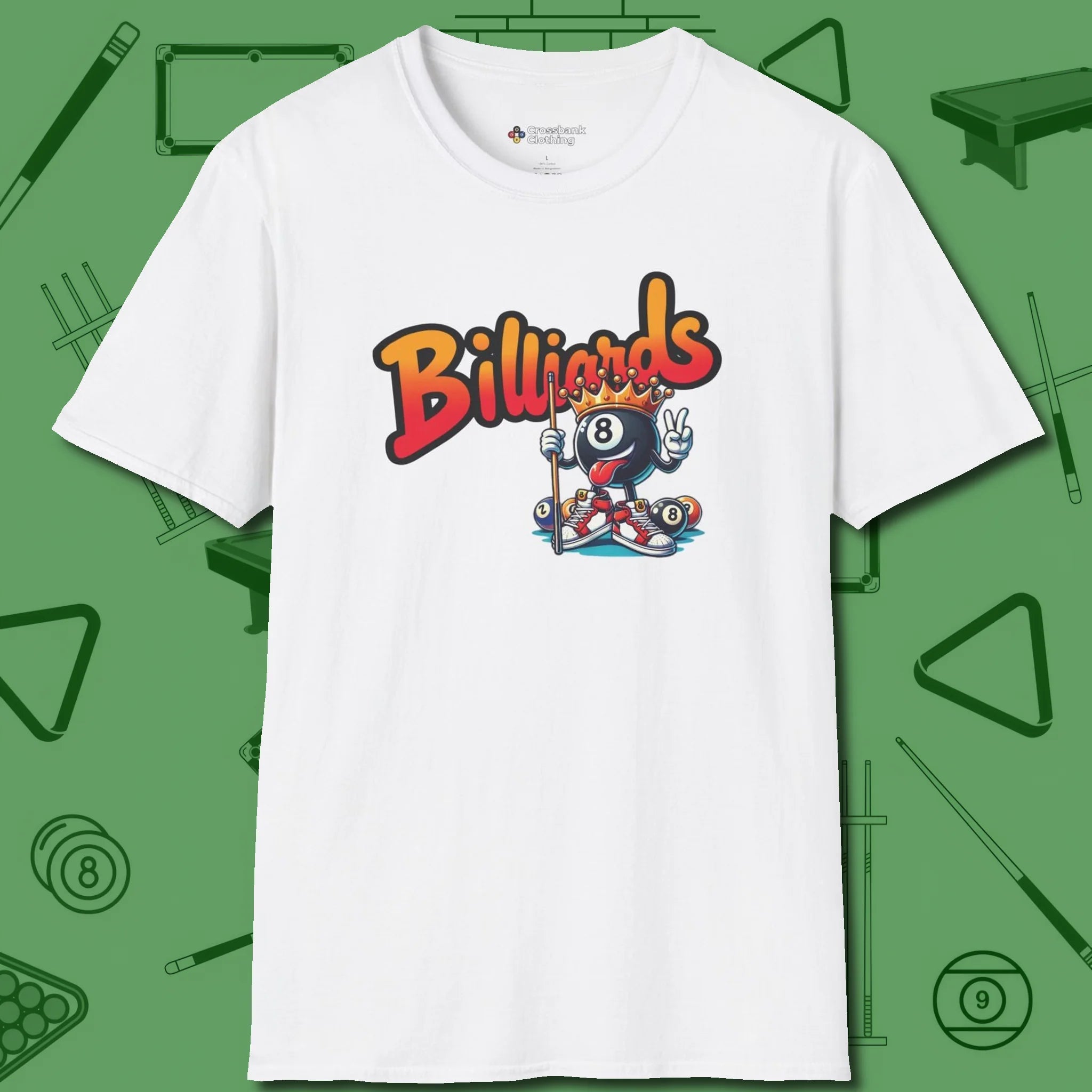 Graffiti Billiards T-Shirt, front view, in White table-tested, street-approved style