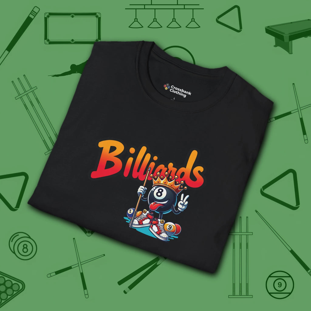 Graffiti Billiards T-Shirt, in Black color, pool shirt, folded view
