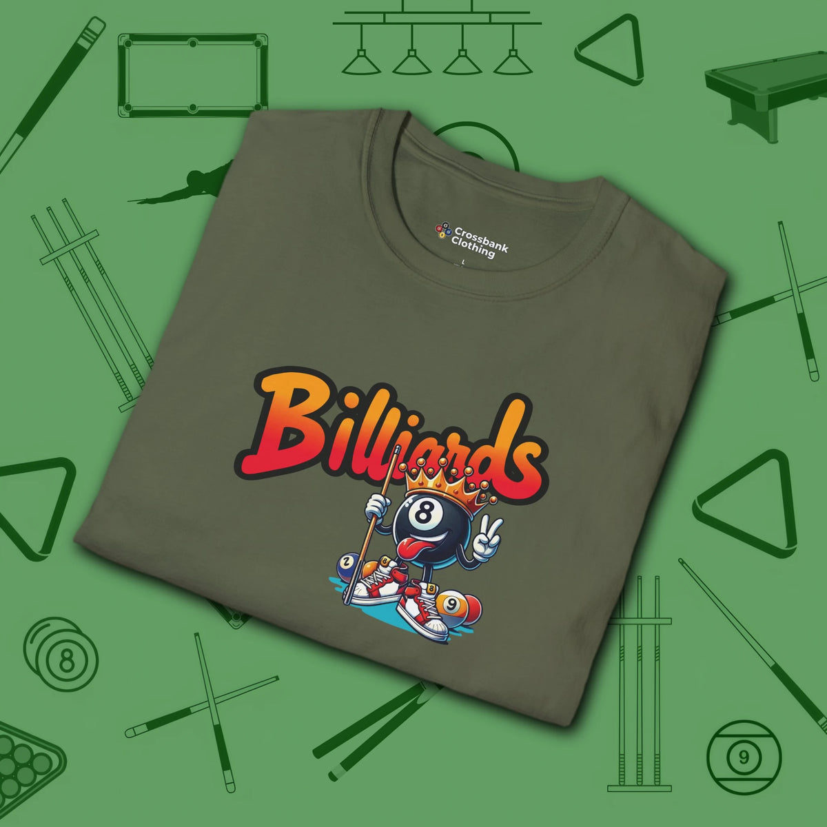 Graffiti Billiards T-Shirt, in Military Green color, pool shirt, folded view