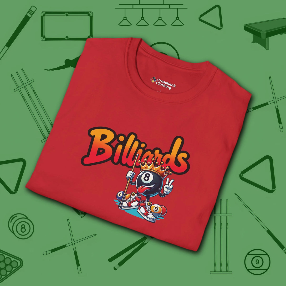Graffiti Billiards T-Shirt, in Red color, pool shirt, folded view