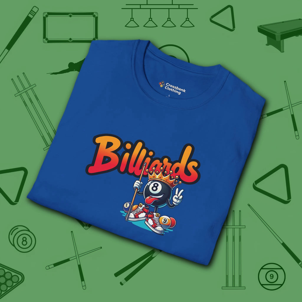 Graffiti Billiards T-Shirt, in Royal color, pool shirt, folded view