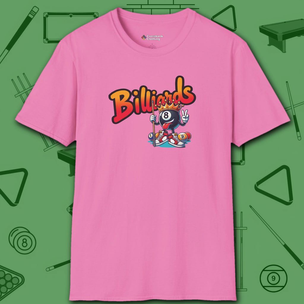 Graffiti Billiards T-Shirt, in Azalea color, pool shirt, front view