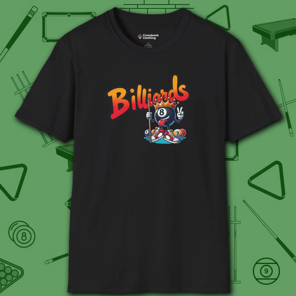 Graffiti Billiards T-Shirt, in Black color, pool shirt, front view
