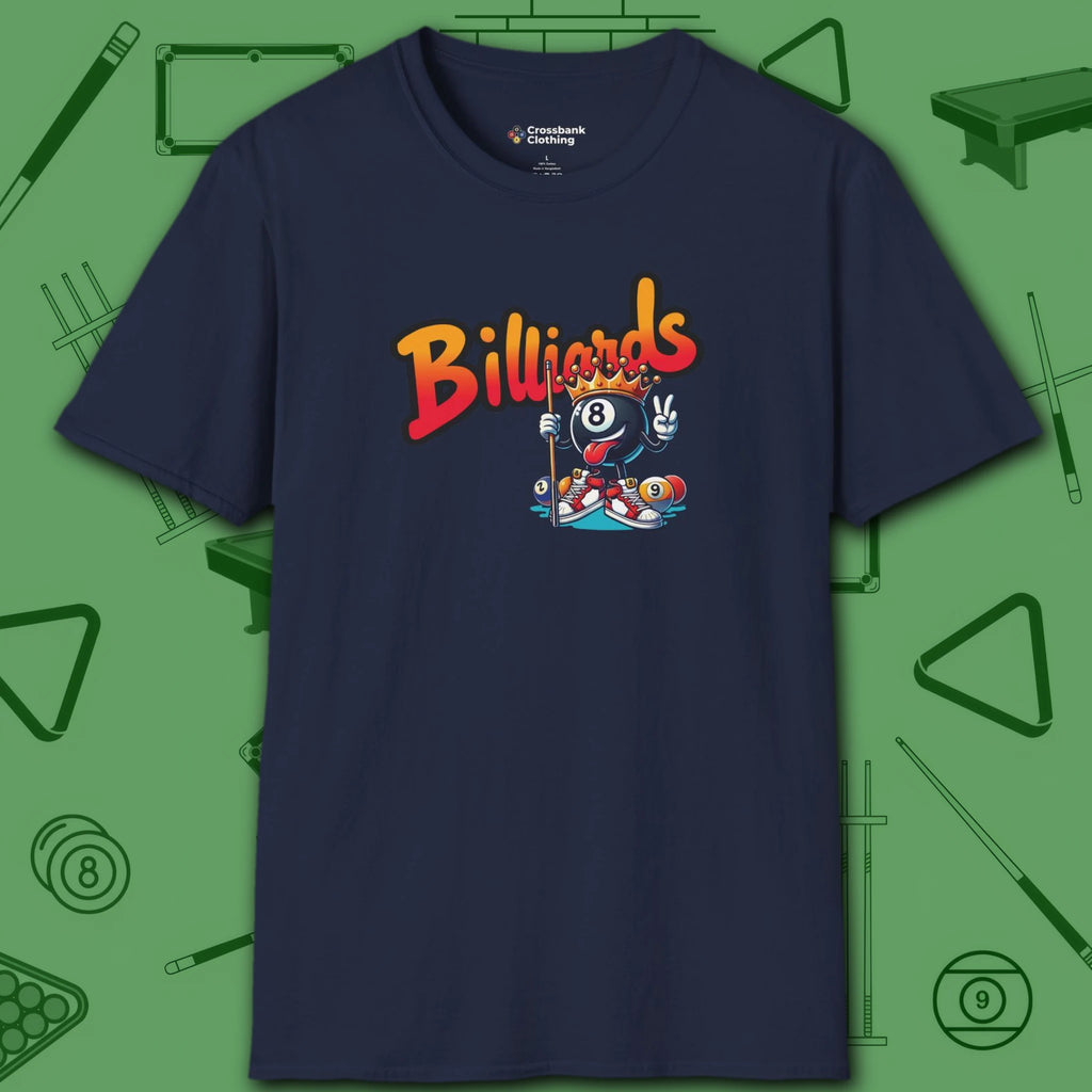 Graffiti Billiards T-Shirt, in Navy color, pool shirt, front view