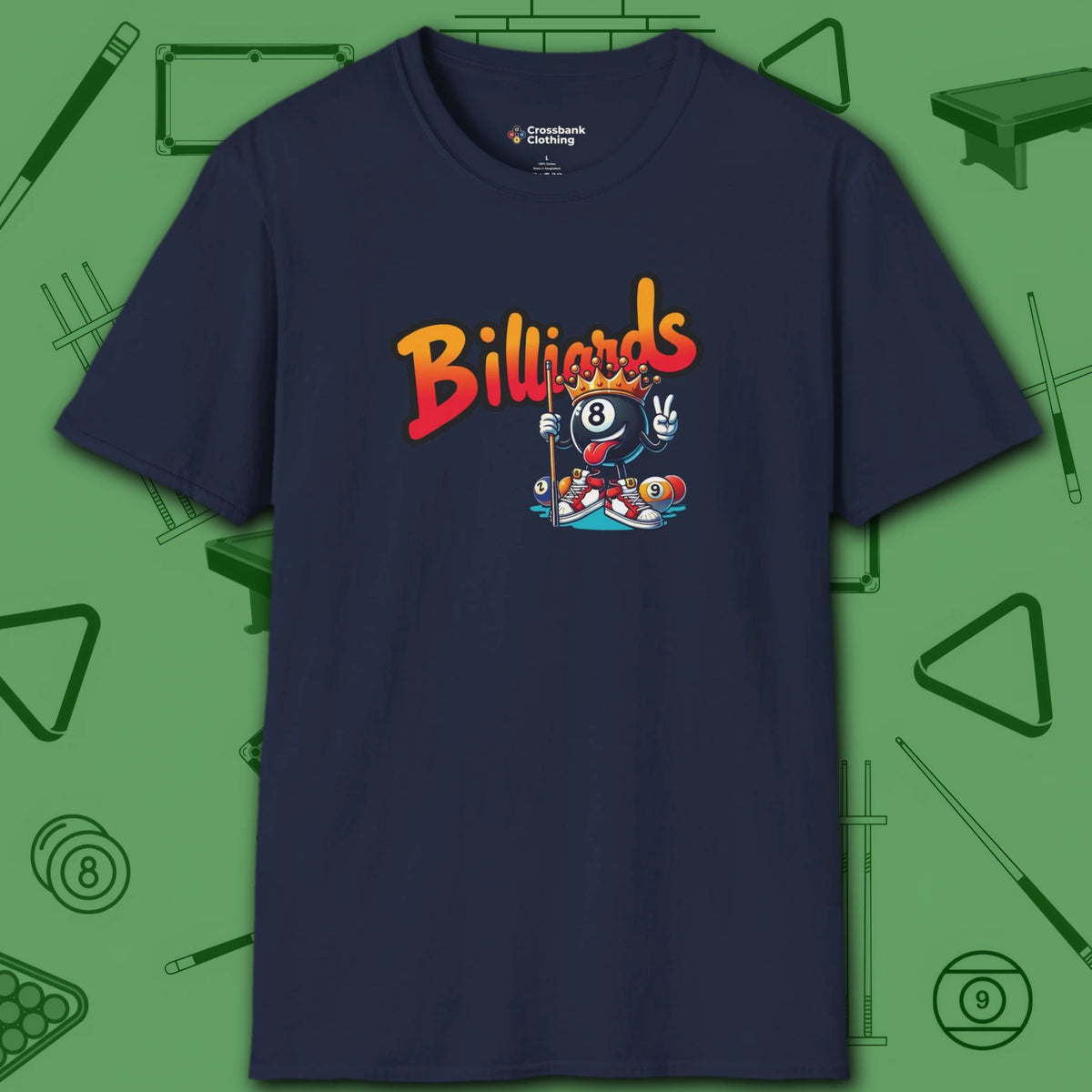 Graffiti Billiards T-Shirt, in Navy color, pool shirt, front view