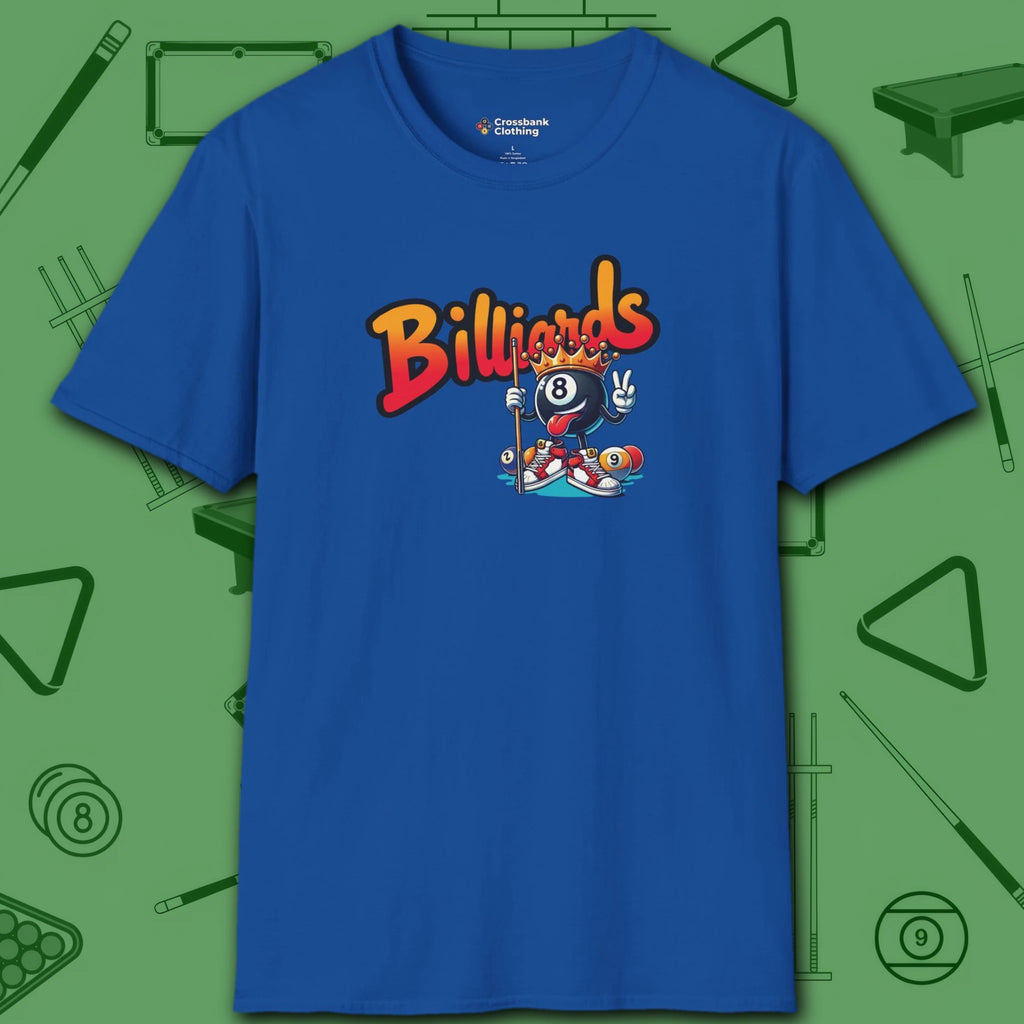 Graffiti Billiards T-Shirt, in Royal color, pool shirt, front view