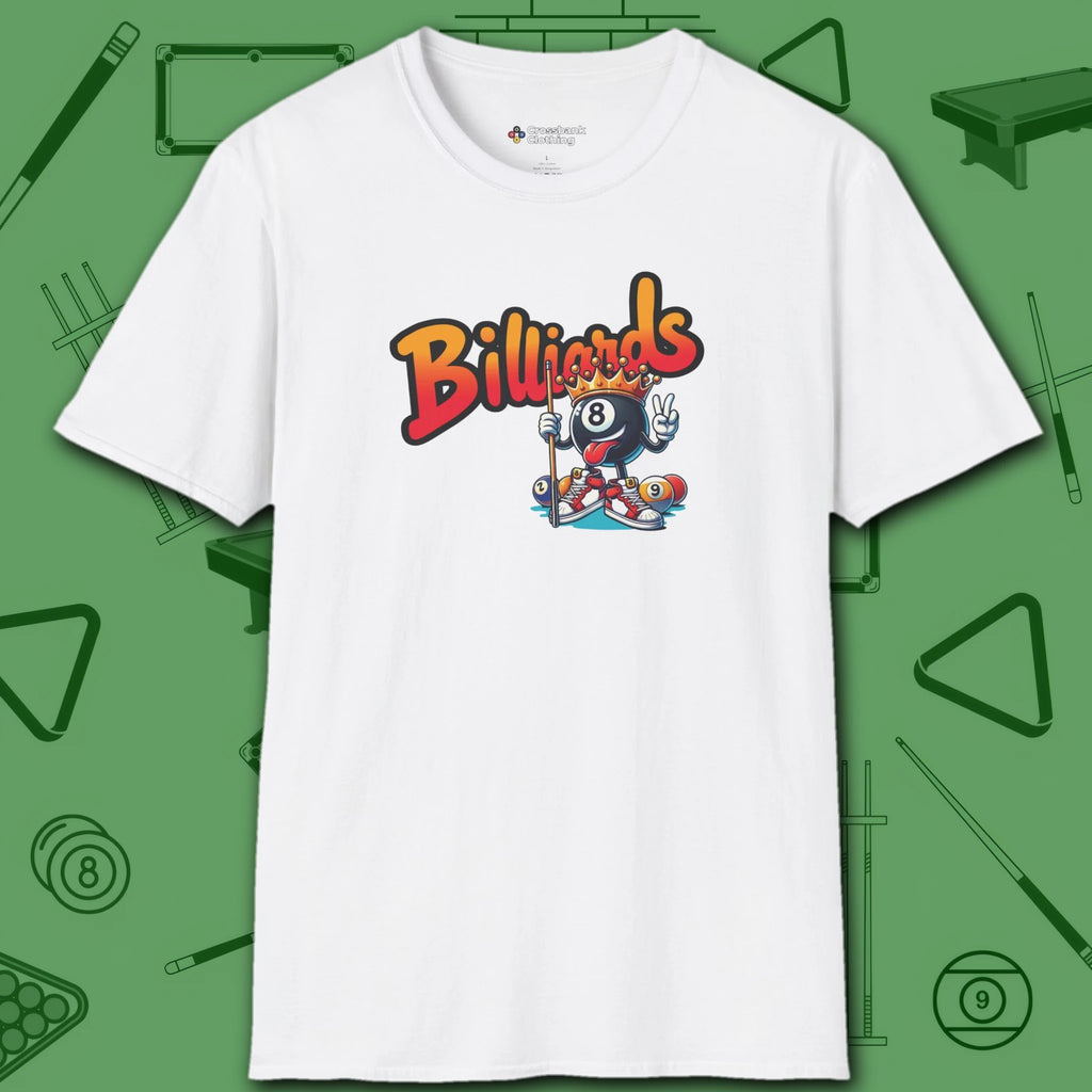 Graffiti Billiards T-Shirt, in White color, pool shirt, front view