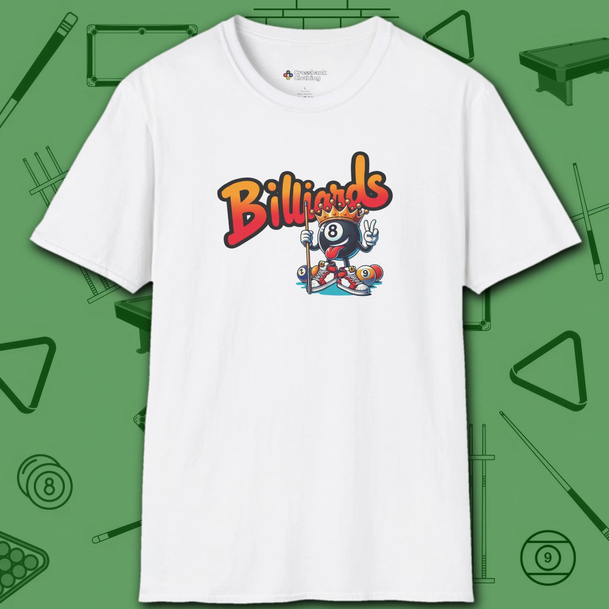 Graffiti Billiards T-Shirt, in White color, pool shirt, front view