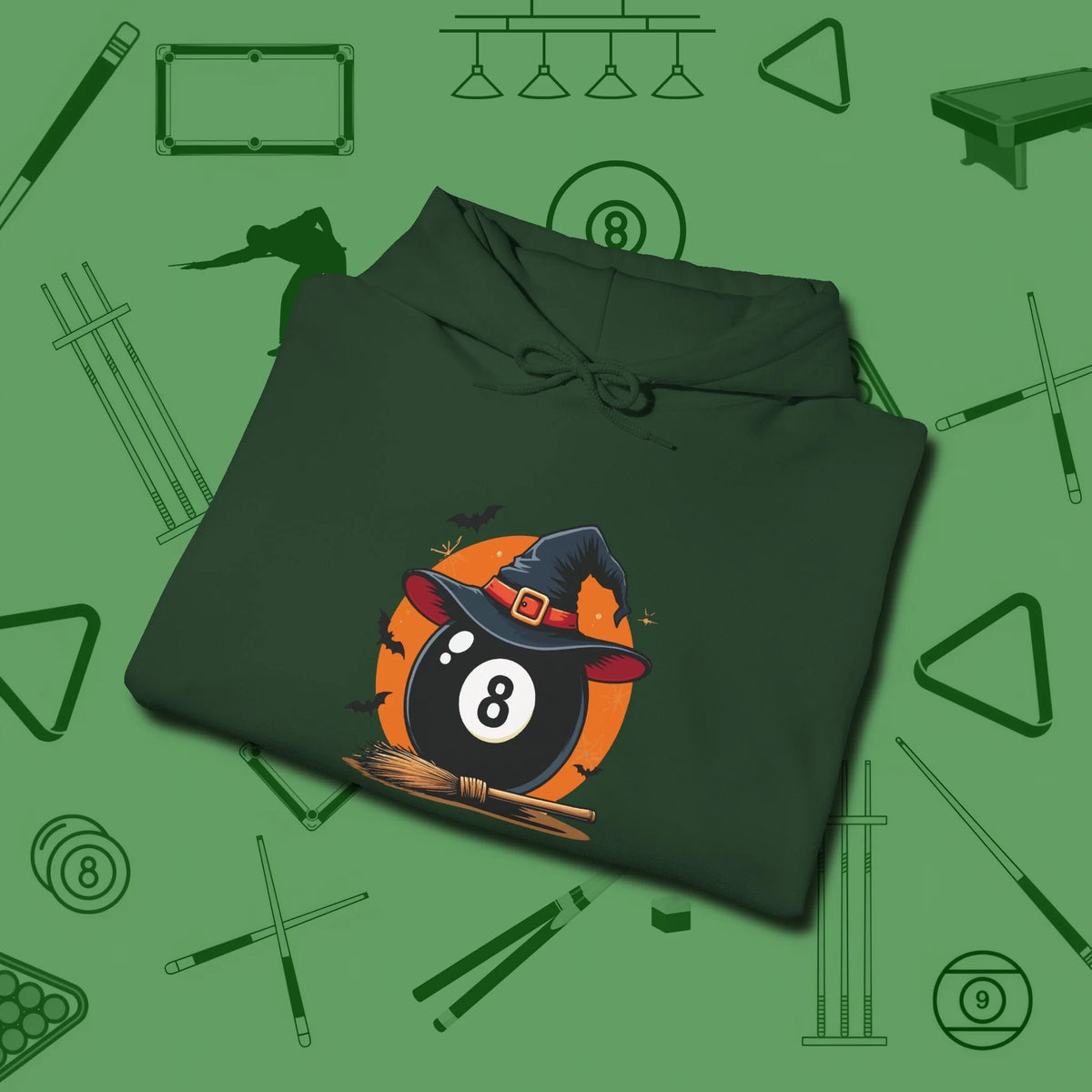 Halloween Witch Eight Ball Hoodie, folded view, in Forest Green from chalk to clutch, look the part