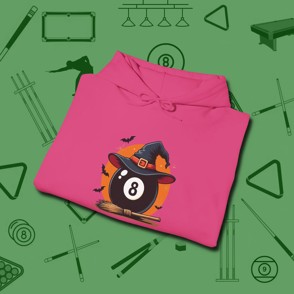 Halloween Witch Eight Ball Hoodie, folded view, in Heliconia confidence stitched in every seam