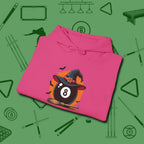 Halloween Witch Eight Ball Hoodie, folded view, in Heliconia confidence stitched in every seam