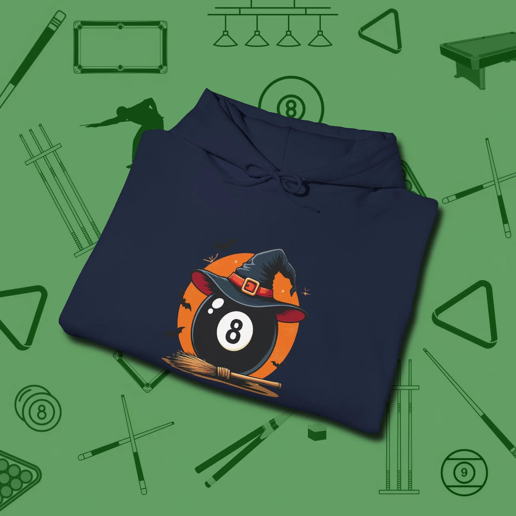 Halloween Witch Eight Ball Hoodie, folded view, in Navy style that banks as hard as you do