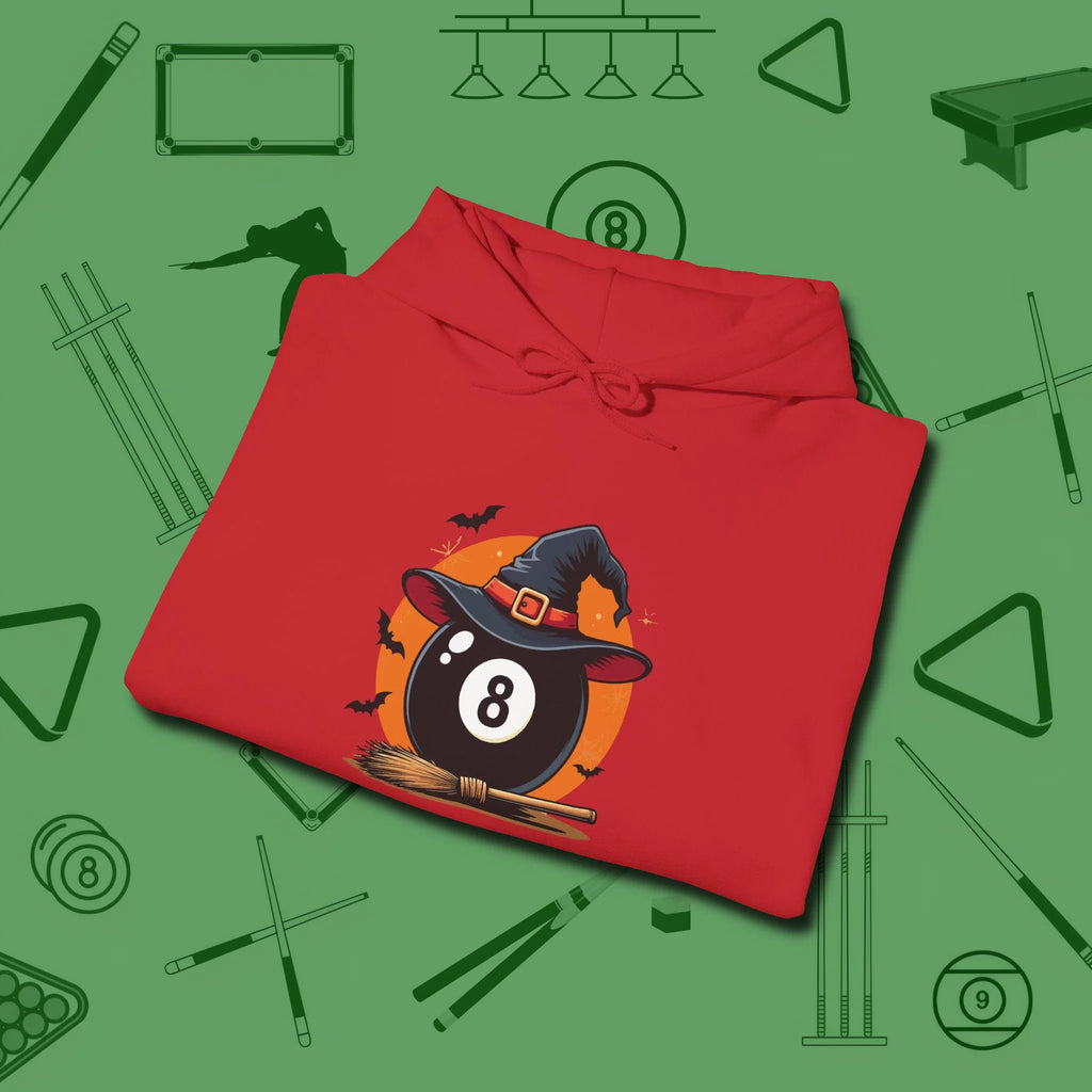 Halloween Witch Eight Ball Hoodie, folded view, in Red an extension of your pool persona