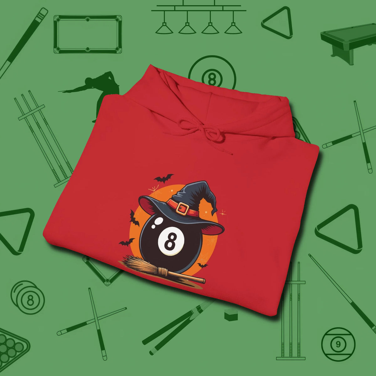 Halloween Witch Eight Ball Hoodie, folded view, in Red an extension of your pool persona