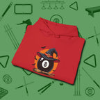 Halloween Witch Eight Ball Hoodie, folded view, in Red an extension of your pool persona