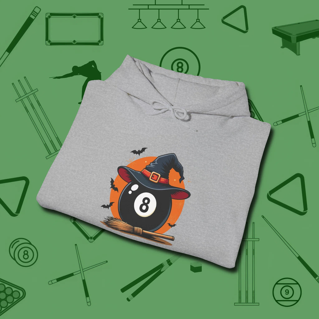 Halloween Witch Eight Ball Hoodie, folded view, in Sport Grey smart apparel for strategic players
