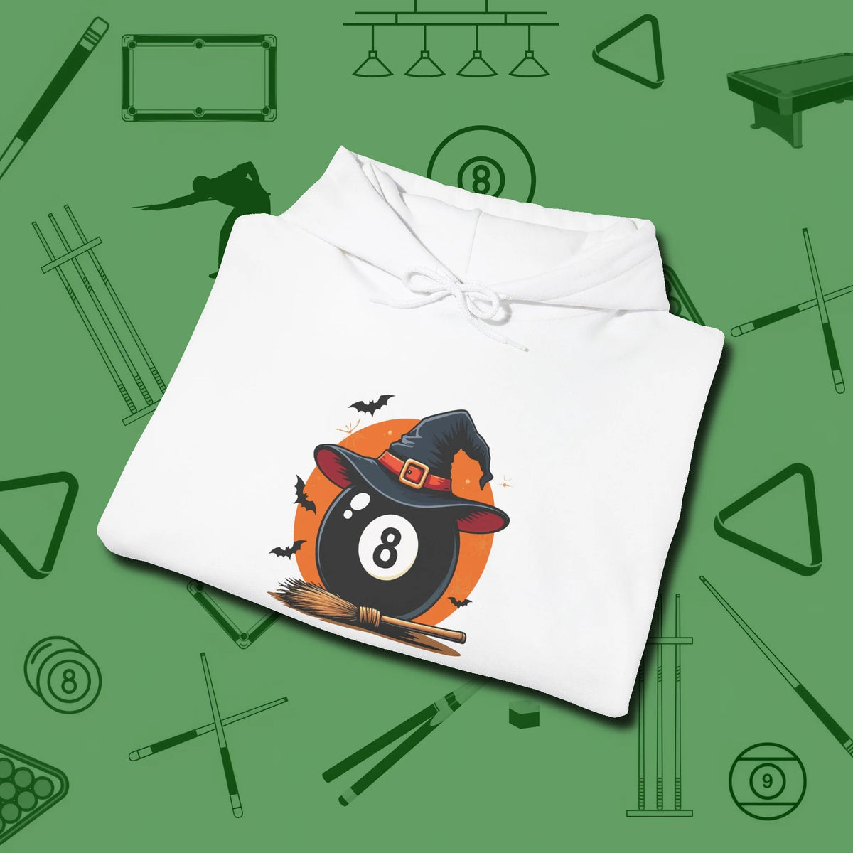 Halloween Witch Eight Ball Hoodie, folded view, in White not your average 8-ball graphic tee