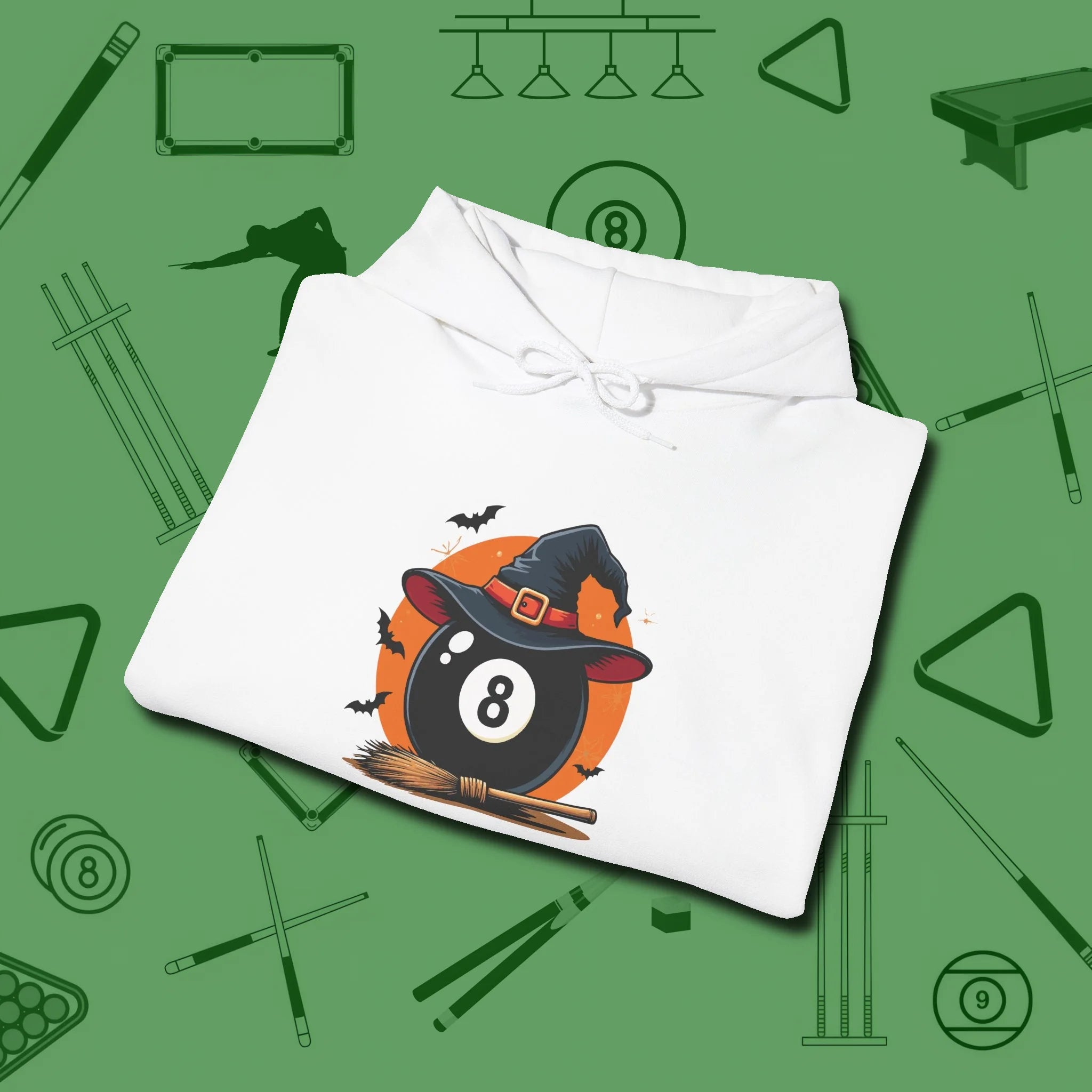 Halloween Witch Eight Ball Hoodie, folded view, in White not your average 8-ball graphic tee