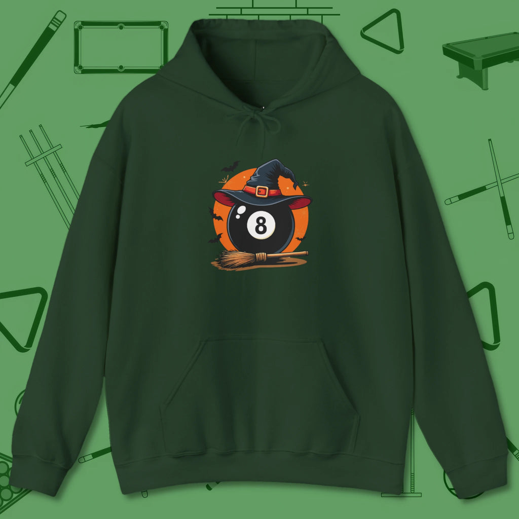 Halloween Witch Eight Ball Hoodie, front view, in Forest Green from chalk to clutch, look the part