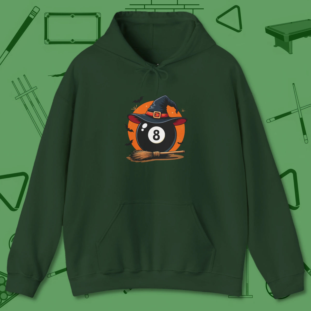 Halloween Witch Eight Ball Hoodie, front view, in Forest Green from chalk to clutch, look the part