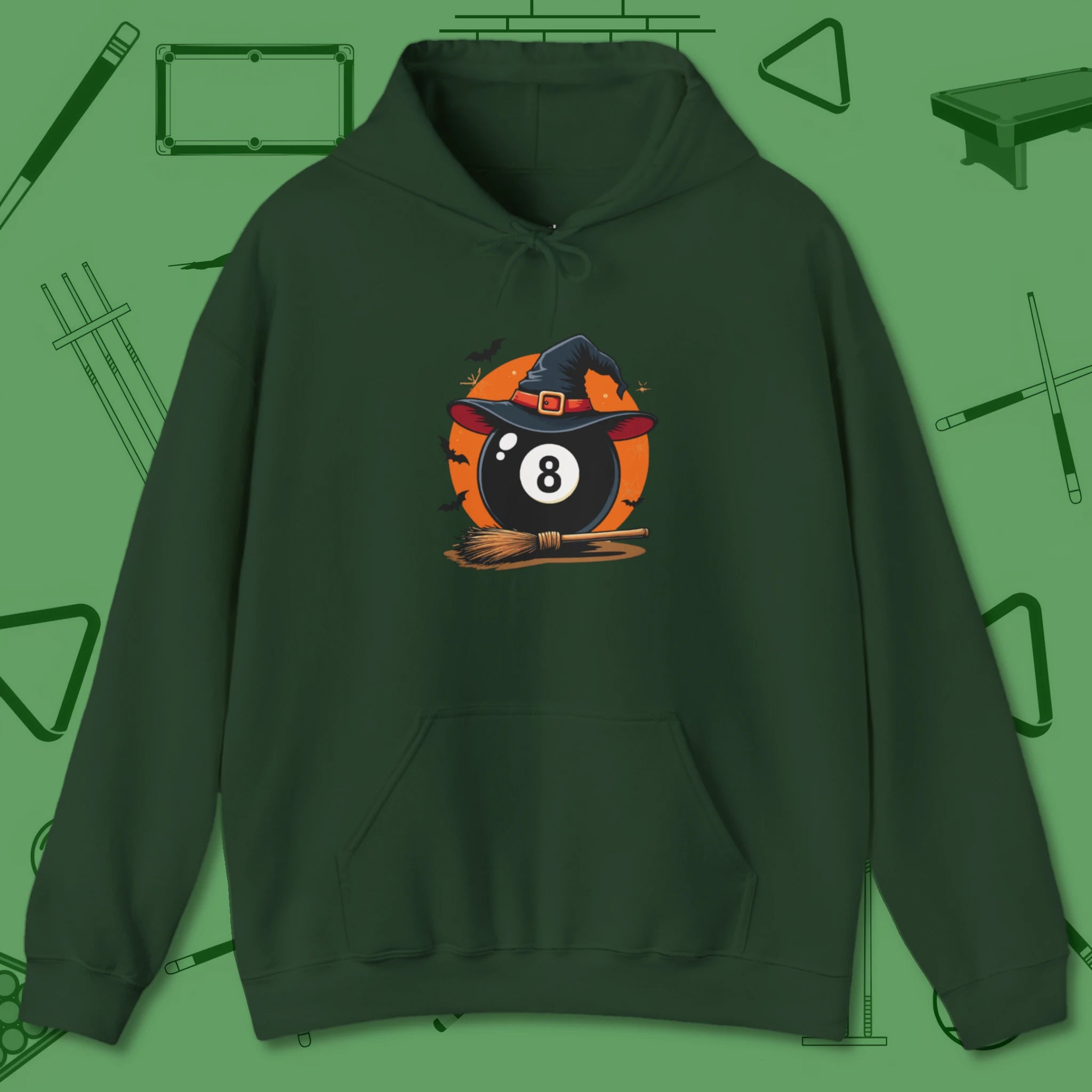 Halloween Witch Eight Ball Hoodie, front view, in Forest Green from chalk to clutch, look the part