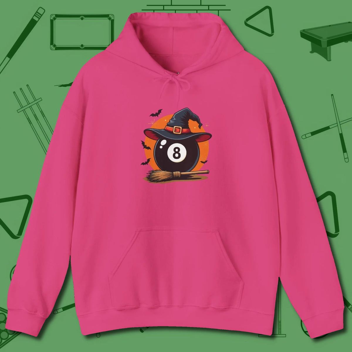 Halloween Witch Eight Ball Hoodie, front view, in Heliconia for shooters who dress like they play: sharp