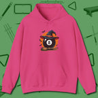 Halloween Witch Eight Ball Hoodie, front view, in Heliconia for shooters who dress like they play: sharp