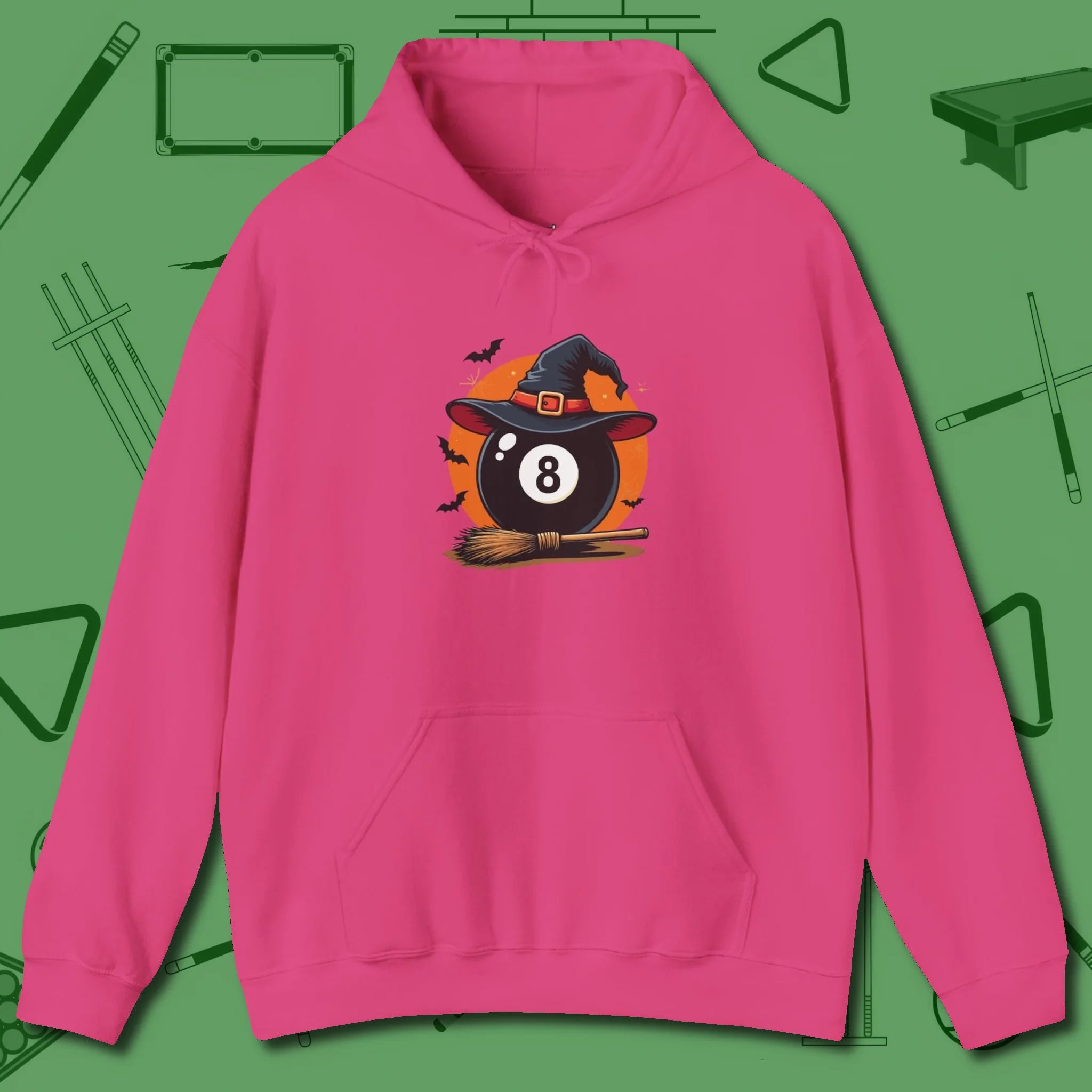 Halloween Witch Eight Ball Hoodie, front view, in Heliconia for shooters who dress like they play: sharp