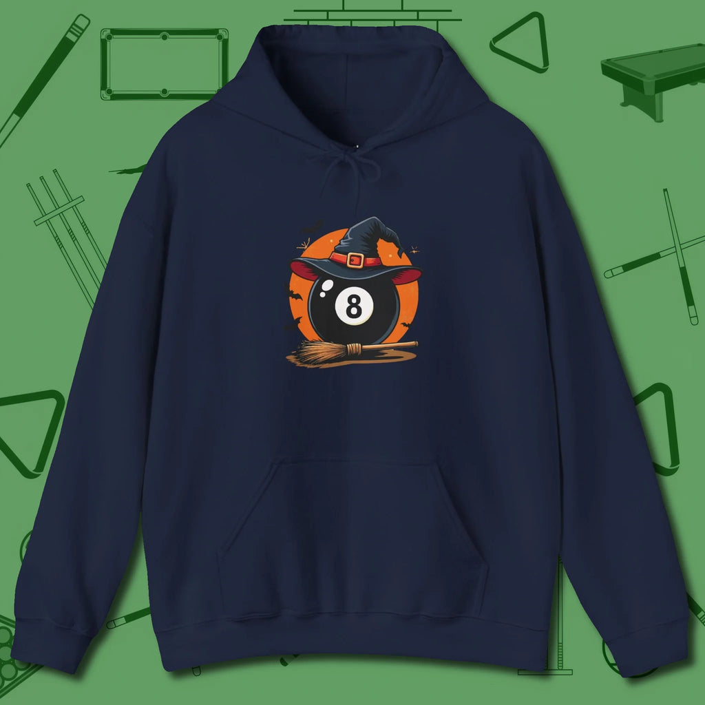 Halloween Witch Eight Ball Hoodie, front view, in Navy from chalk to clutch, look the part