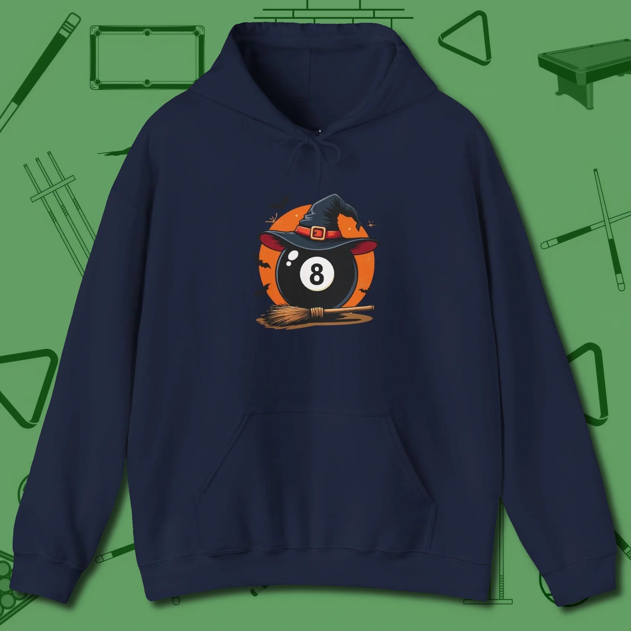 Halloween Witch Eight Ball Hoodie, front view, in Navy from chalk to clutch, look the part
