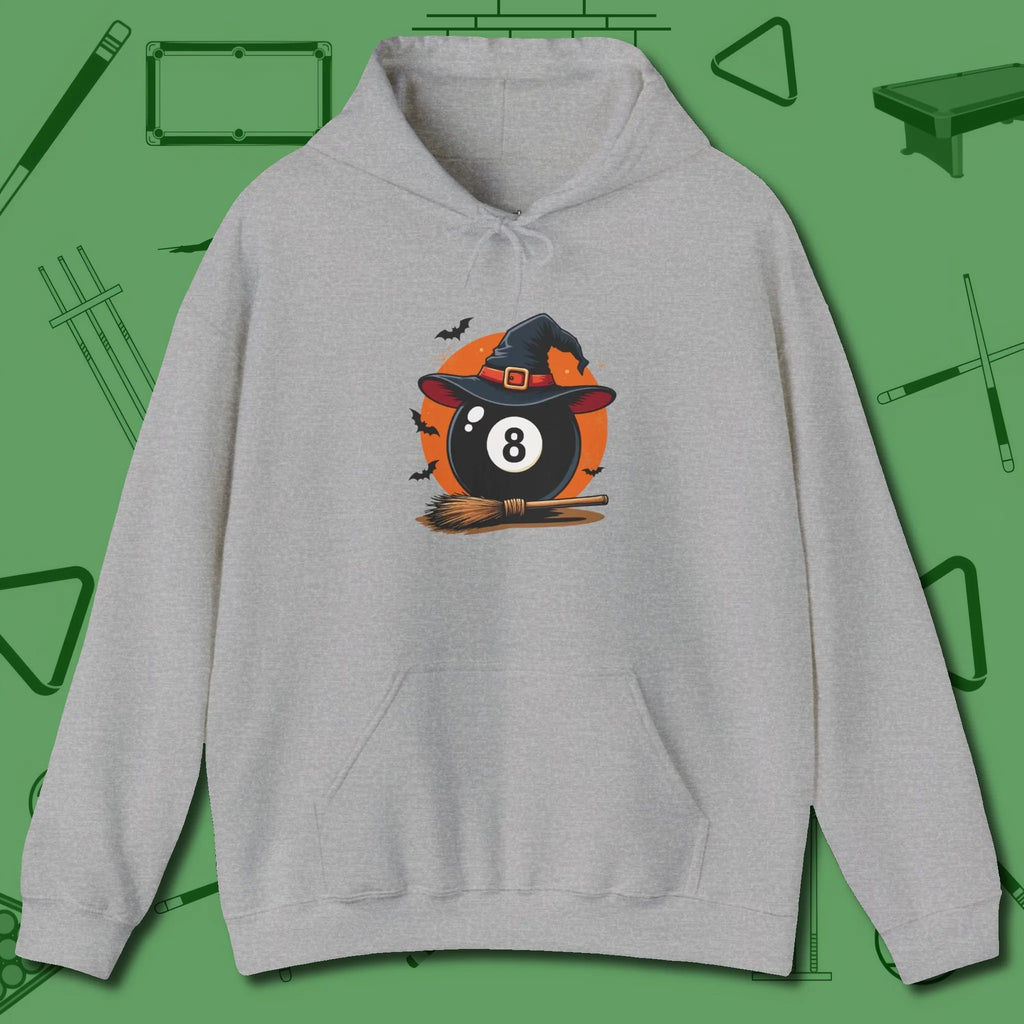Halloween Witch Eight Ball Hoodie, front view, in Sport Grey break, run out, turn heads — repeat
