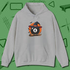 Halloween Witch Eight Ball Hoodie, front view, in Sport Grey break, run out, turn heads — repeat