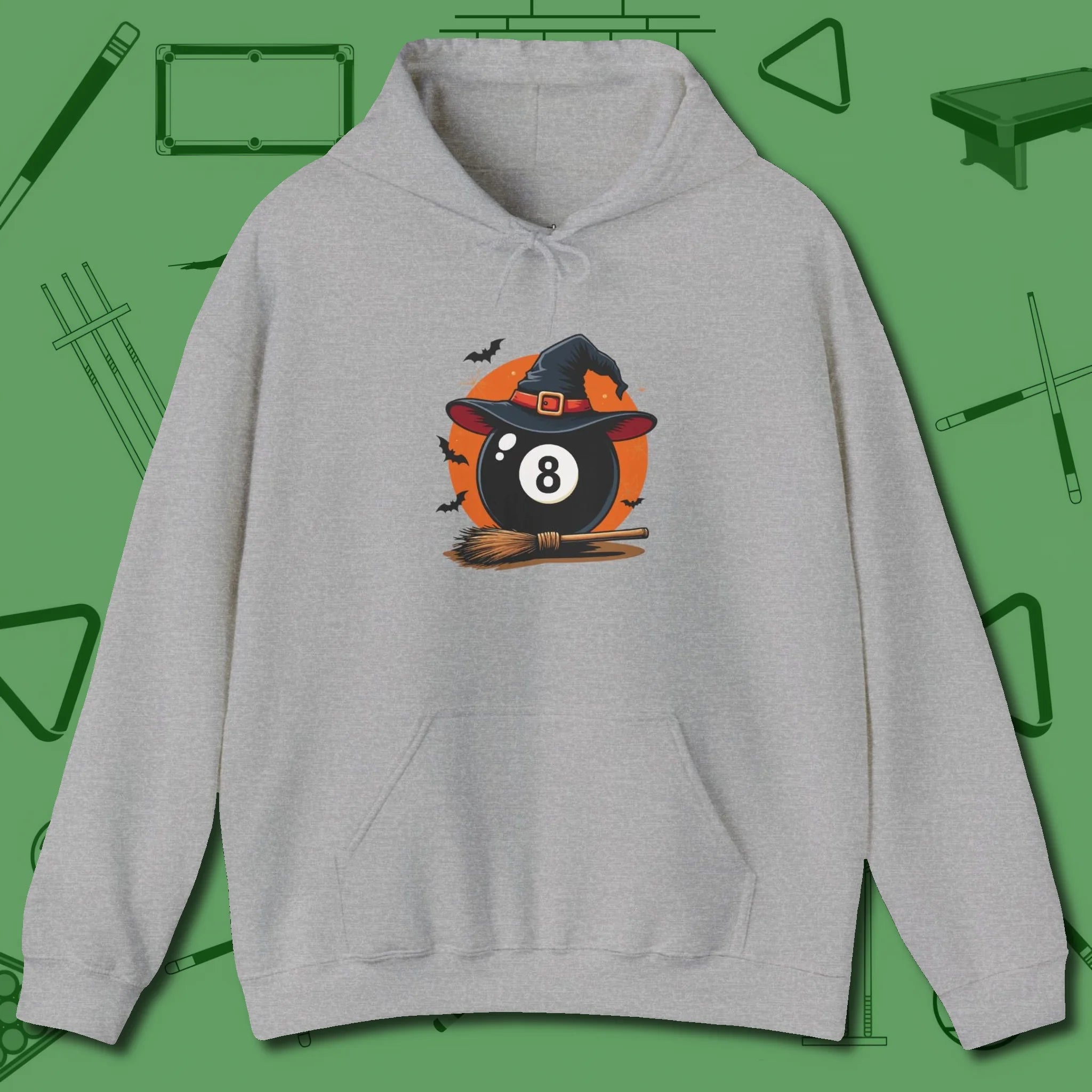 Halloween Witch Eight Ball Hoodie, front view, in Sport Grey break, run out, turn heads — repeat